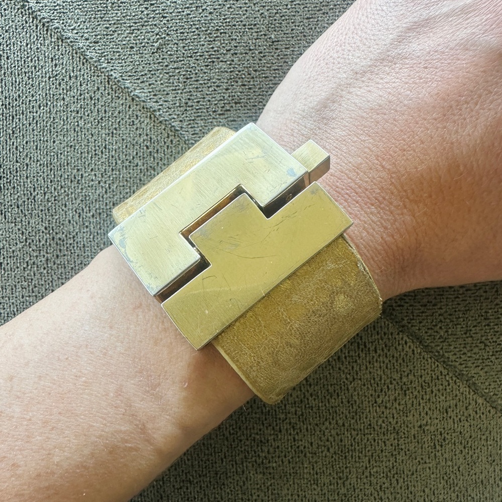 Leighelena Jigsaw Cuff, Bracelet. Gold animal print leather, gold hardware
